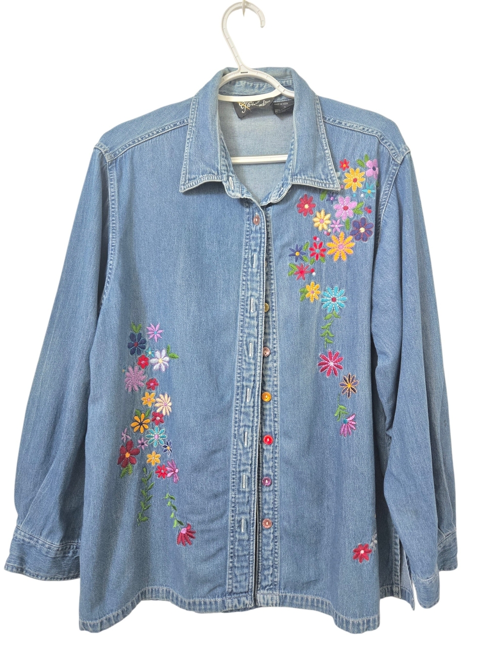 Cottagecore VTG 90s Silver Threads Floral Denim Button Up Grandma Chic Lg *see
